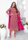 Salmon Pink & Pink Classic Georgette Embroidered Digital Print Churidar Suit