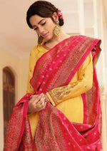 Yellow & Red Satin Georgette Embroidered Churidar Suit