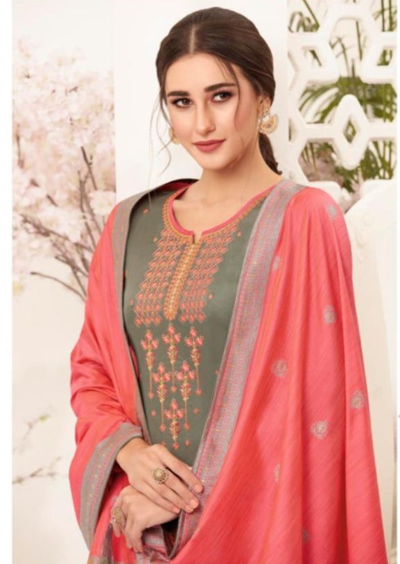 Dark Grey & Coral Embroidered Banarasi Silk Churidar Suit
