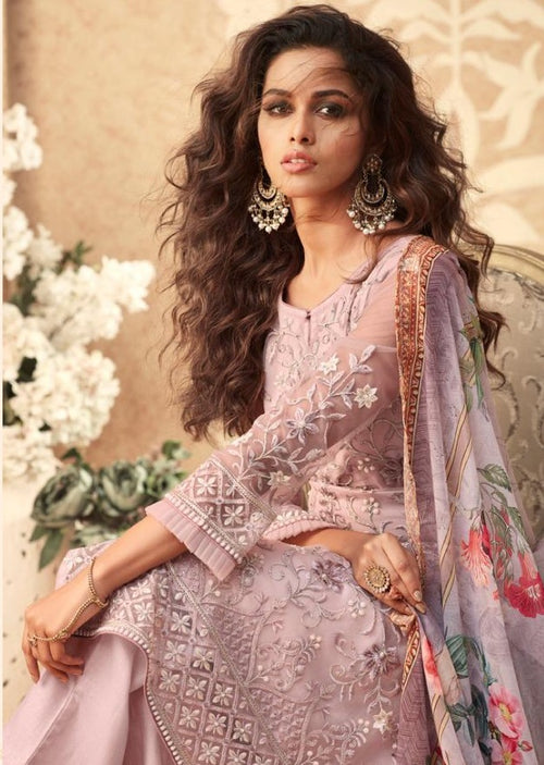 Salmon Pink Floral Net Embroidered Banglori Silk Pant Suit