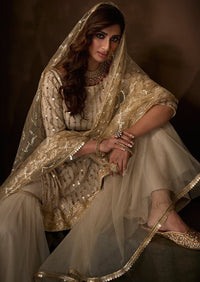 Light Beige Sequins Embroidered Net Gharara Suit
