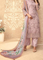Salmon Pink Floral Net Embroidered Banglori Silk Pant Suit