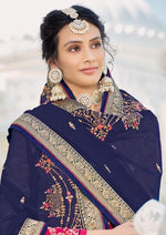 Pink & Navy Blue Pure Jacquard Silk Embroidered Palazzo Suit