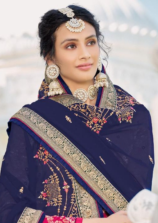Pink & Navy Blue Pure Jacquard Silk Embroidered Palazzo Suit