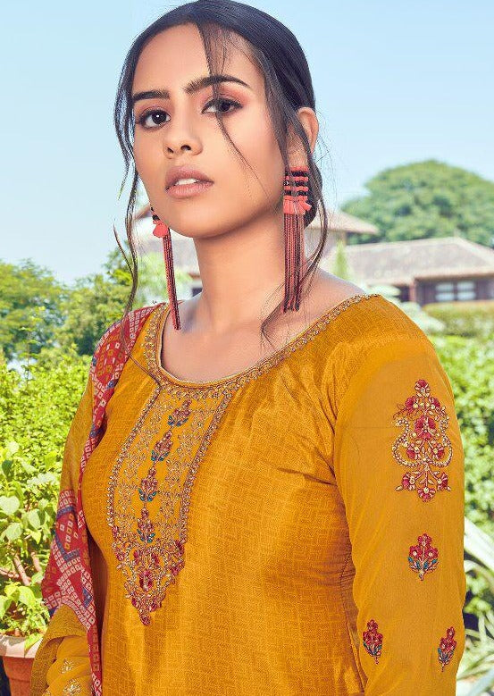 Mustard & Rust French Crepe Embroidered Digital Print Salwar Suit