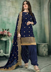 Navy Blue Chanderi Silk Embroidered Patiala Suit