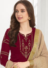 Red & Beige Cotton Silk Embroidered Palazzo Suit