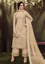 Light Brown Net Embroidered Sequins Palazzo Suit
