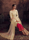Cream & Hot Pink Jacquard Embroidered Palazzo Suit
