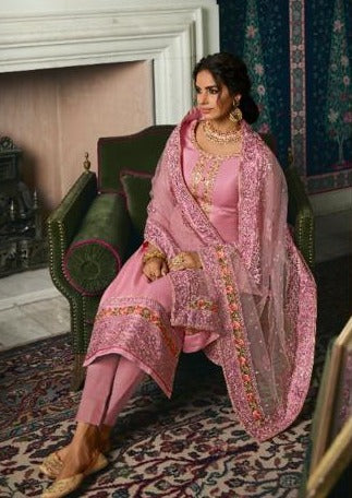 Pink Pure Tusser Silk Swarovski Embroidered Pant Suit