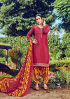 Red & Mustard French Crepe Embroidered Digital Print Salwar Suit