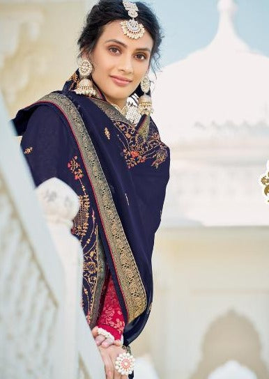 Pink & Navy Blue Pure Jacquard Silk Embroidered Palazzo Suit