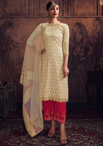 Cream & Hot Pink Jacquard Embroidered Palazzo Suit