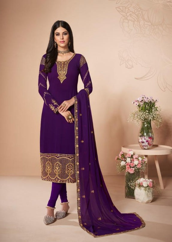 Purple Georgette Heavy Embroidered Churidar Suit