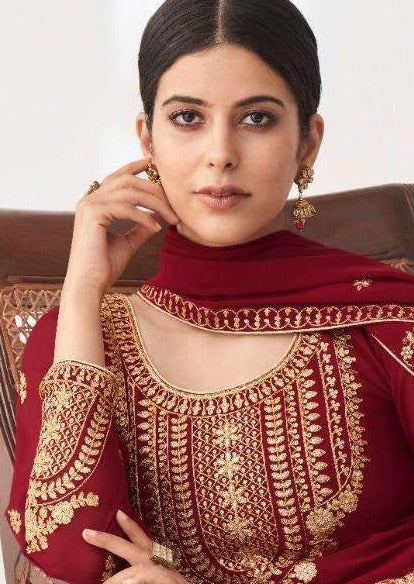 Maroon Georgette Heavy Embroidered Pant Suit