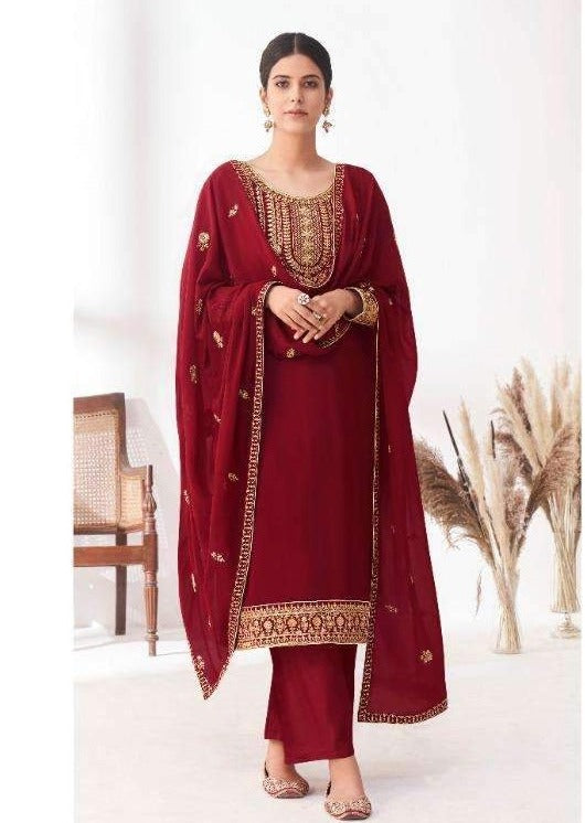Maroon Georgette Heavy Embroidered Pant Suit