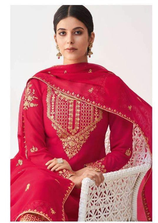 Red Georgette Heavy Embroidered Pant Suit