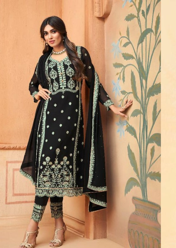 Black & Blue Heavy Blooming Georgette Embroidered Pant Suit