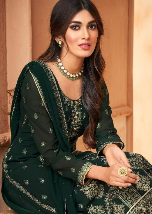Dark Green Heavy Blooming Georgette Embroidered Pant Suit