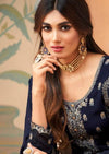 Navy Blue Heavy Blooming Georgette Embroidered Pant Suit