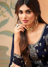 Navy Blue Heavy Blooming Georgette Embroidered Pant Suit