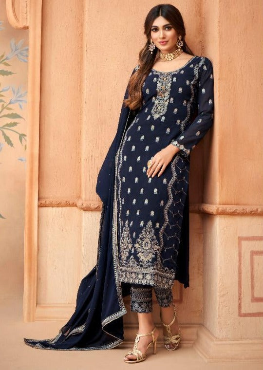 Navy Blue Heavy Blooming Georgette Embroidered Pant Suit