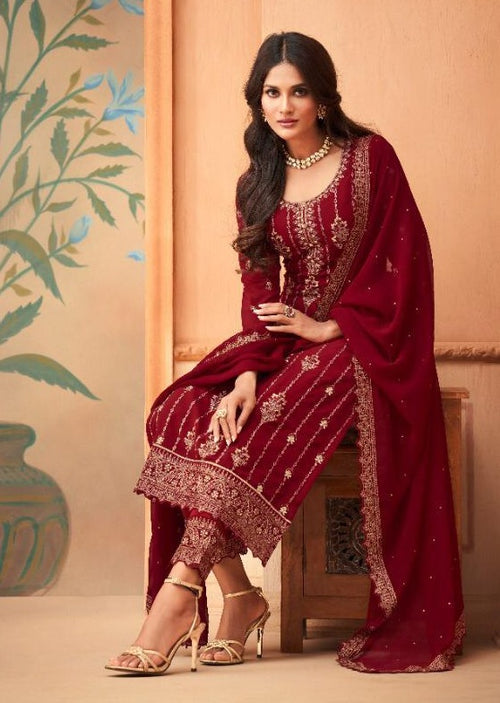 Maroon Heavy Blooming Georgette Embroidered Pant Suit