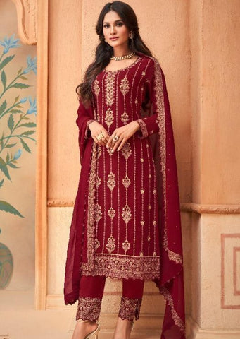 Maroon Straight Cut Embroidered Pant Suit Latest 2629SL01