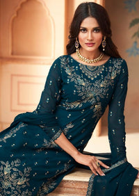 Teal Heavy Blooming Georgette Embroidered Pant Suit