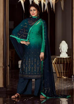 Sea Green & Navy Blue Satin Georgette Swarovski Embroidered Palazzo Suit