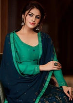 Sea Green & Navy Blue Satin Georgette Swarovski Embroidered Palazzo Suit