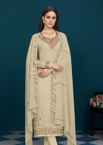 Beige Real Georgette Sequence Embroidered Churidar Suit
