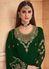 Dark Green Heavy Blooming Georgette Diamond Embroidered Pant Suit