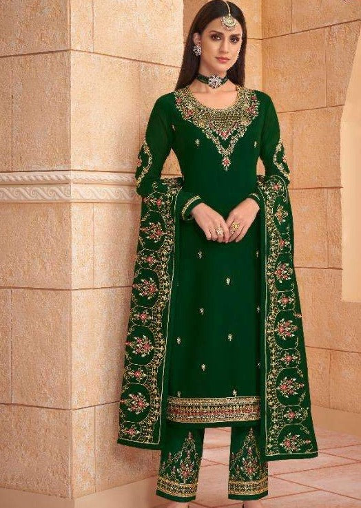 Dark Green Heavy Blooming Georgette Diamond Embroidered Pant Suit