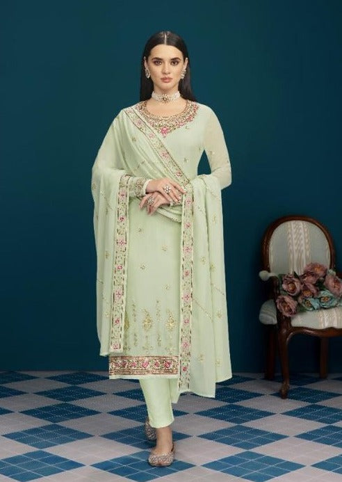 Mint Green Real Georgette Sequence Embroidered Churidar Suit