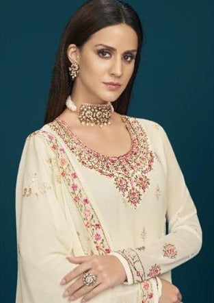 Off White Real Georgette Sequence Embroidered Churidar Suit
