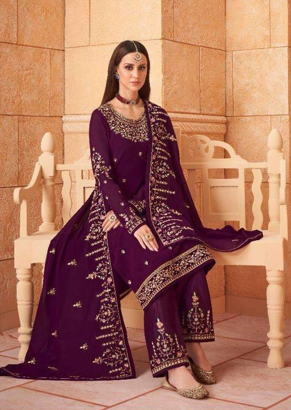 Purple Heavy Blooming Georgette Diamond Embroidered Pant Suit