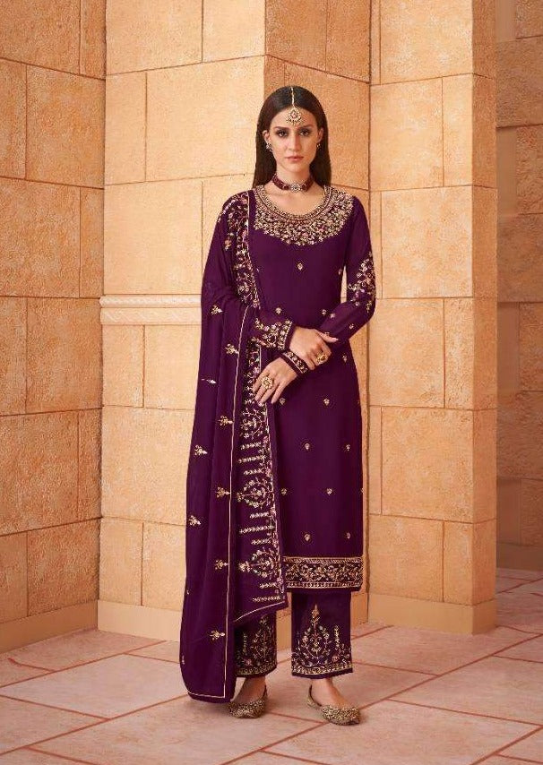 Purple Heavy Blooming Georgette Diamond Embroidered Pant Suit