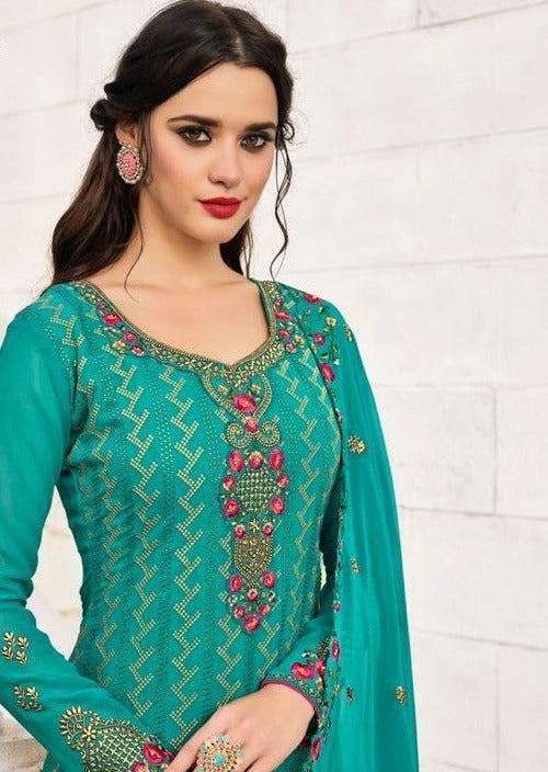 Sea Green Georgette Full Heavy Embroidered Palazzo Suit