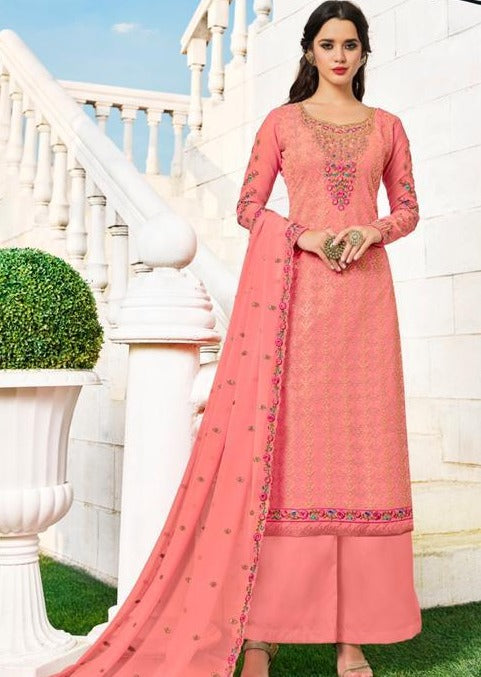 Peach Georgette Full Heavy Embroidered Palazzo Suit