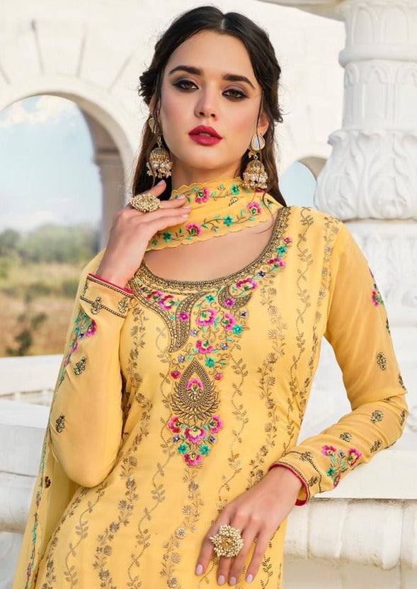 Yellow Georgette Full Heavy Embroidered Palazzo Suit