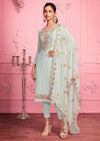Misty Teal Georgette Sequence Heavy Embroidered Pant Suit