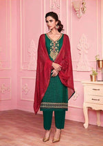 Dark Green & Red Georgette Mirror Heavy Embroidered Pant Suit