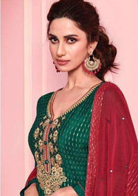 Dark Green & Red Georgette Mirror Heavy Embroidered Pant Suit