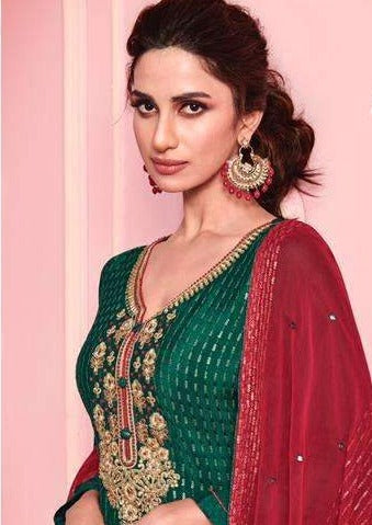 Dark Green & Red Georgette Mirror Heavy Embroidered Pant Suit