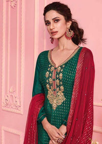 Dark Green & Red Georgette Mirror Heavy Embroidered Pant Suit