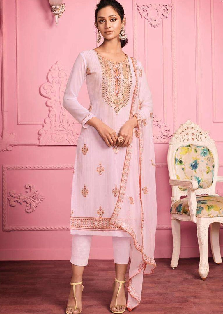 Pale Pink Georgette Sequence Heavy Embroidered Pant Suit