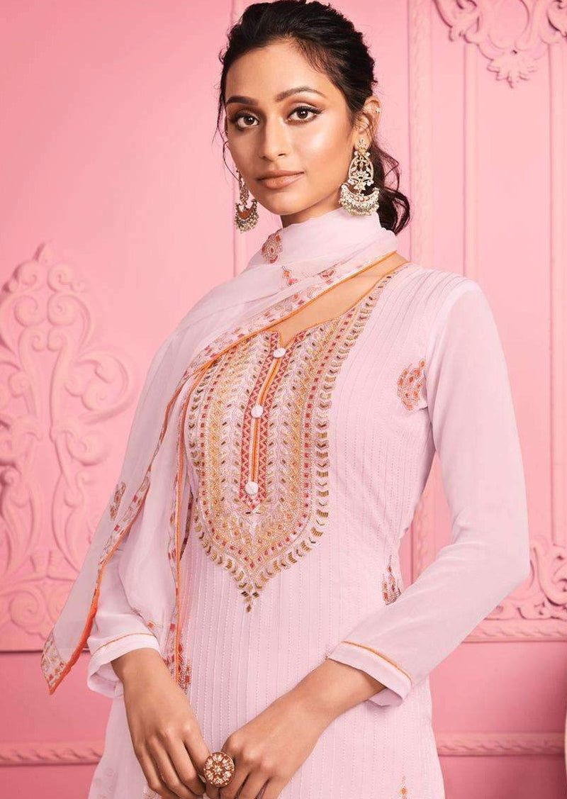 Pale Pink Georgette Sequence Heavy Embroidered Pant Suit