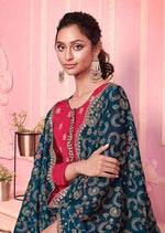 Pale Red & Navy Blue Georgette Sequence Heavy Embroidered Pant Suit