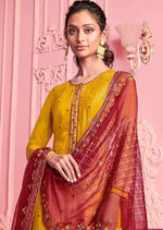 Mustard & Red Georgette Sequence Heavy Embroidered Pant Suit